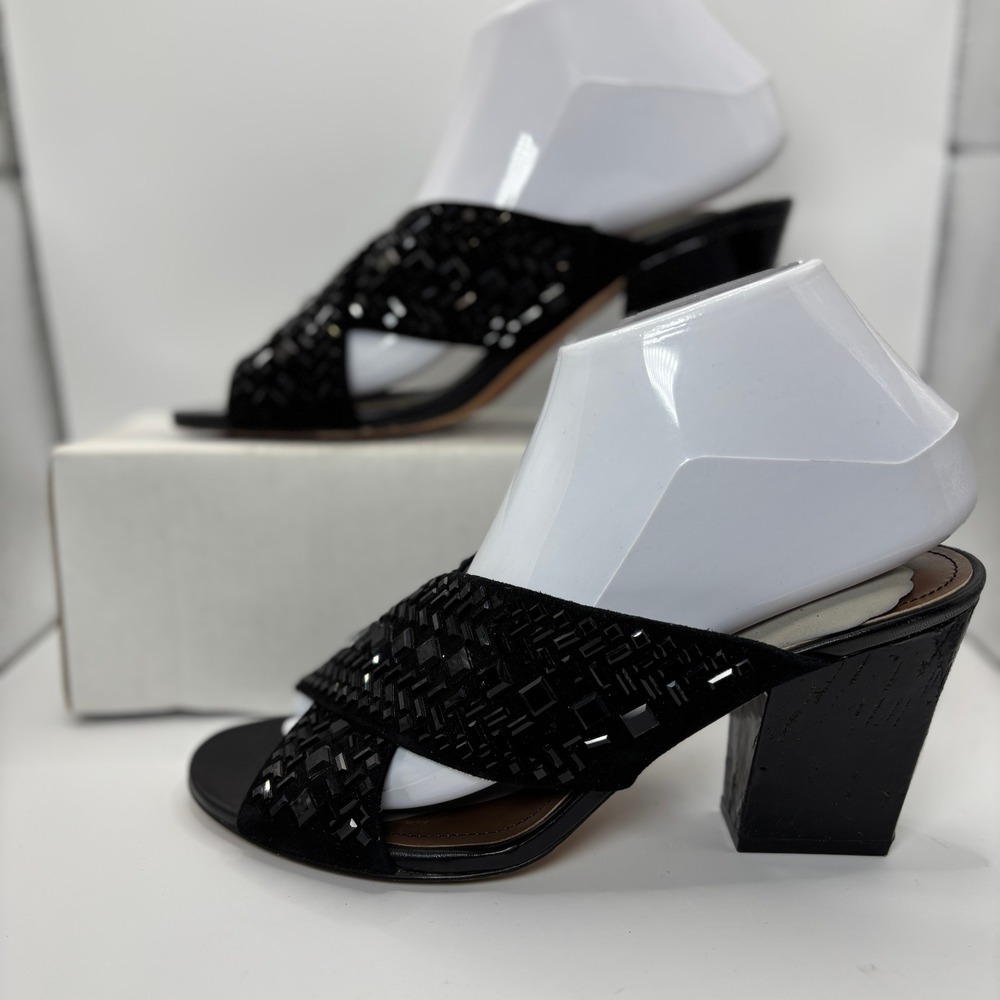 Donald J Pliner Gilina Black Suede Heeled‎ Sandals Womens 7.5M Beaded Block Heel